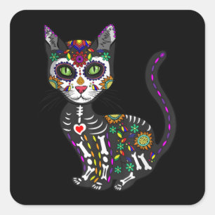 Sugar Skull Mexican Cat Halloween Day Of The Dead Square Sticker