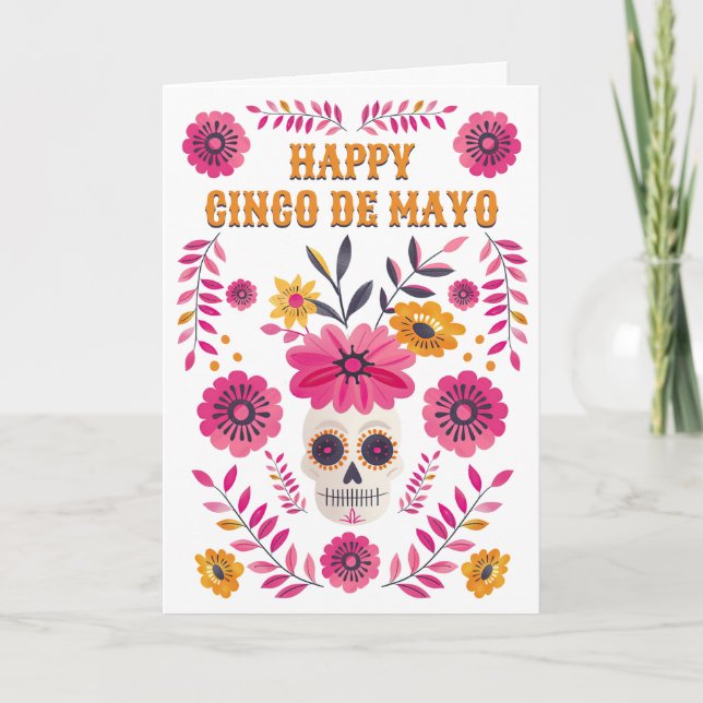 Sugar Skull Mexican Flowers Happy Cinco de Mayo Holiday Card (Front)