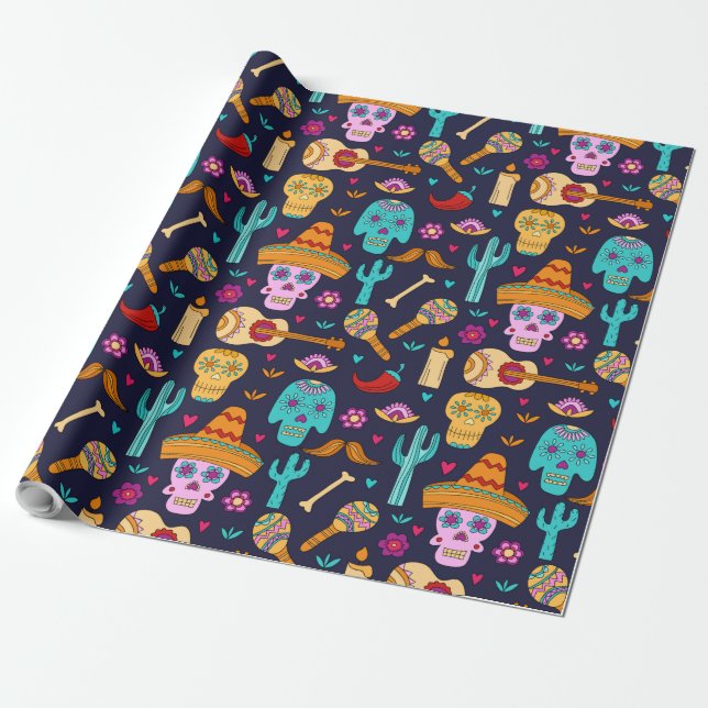 Sugar skull on dark blue pattern wrapping paper (Unrolled)