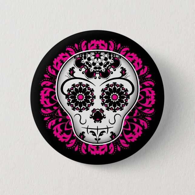 Sugar skull on hot pink damask 6 cm round badge (Front)