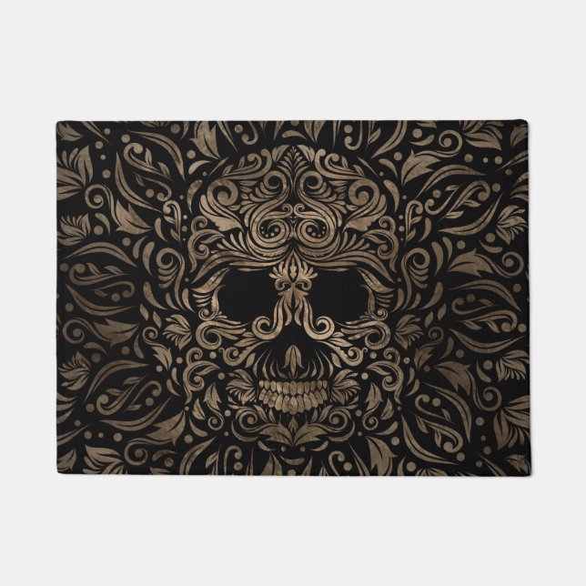 Sugar Skull Ornament Black and Gold Doormat (Front)