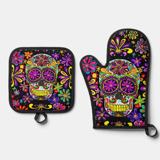 Sugar Skull Oven Mitt & Pot Holder Set (Front)