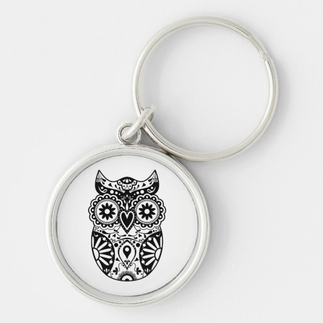 Sugar Skull Owl Black & White Key Ring (Front)