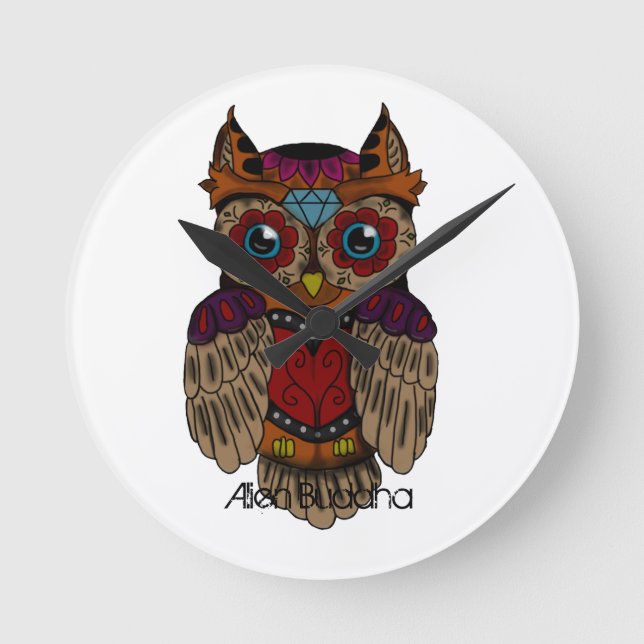 Sugar Skull Owl Hat Round Clock (Front)