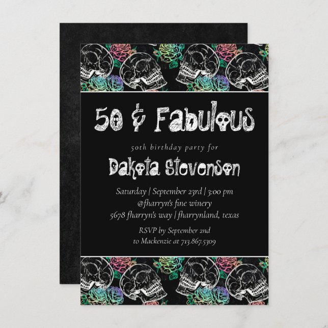 Sugar Skull Pastel Roses | Ombre 50th Birthday Invitation (Front/Back)