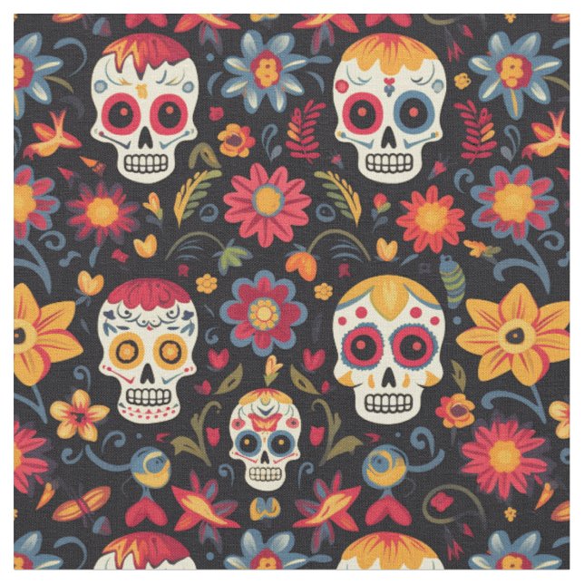 Sugar Skull Pattern-Day of the Dead Fabric by the  (Close Up)