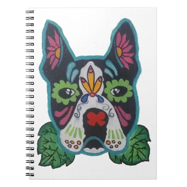 Sugar Skull Pink Green Boston Terrier Folk Art Notebook (Front)
