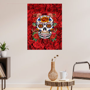 Sugar Skull Pink Red Roses Holidays Large Poster