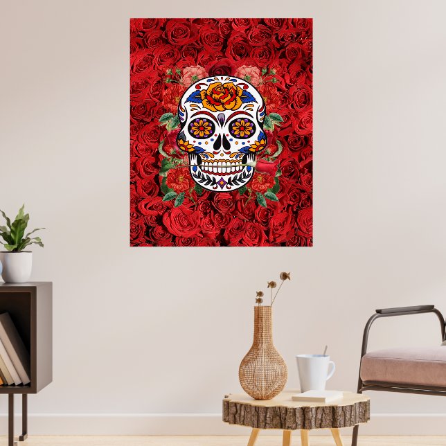 Sugar Skull Pink Red Roses Holidays Large Poster (Living Room 3)