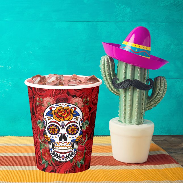 Sugar Skull Pink Red Roses Holidays Paper Cups (Sugar Skull Pink Red Roses Holidays Paper Cups)