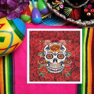 Sugar Skull Pink Red Roses Holidays Paper Napkin