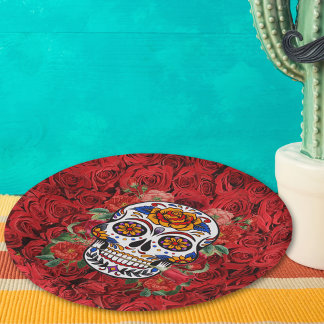 Sugar Skull Pink Red Roses Holidays Paper Plate