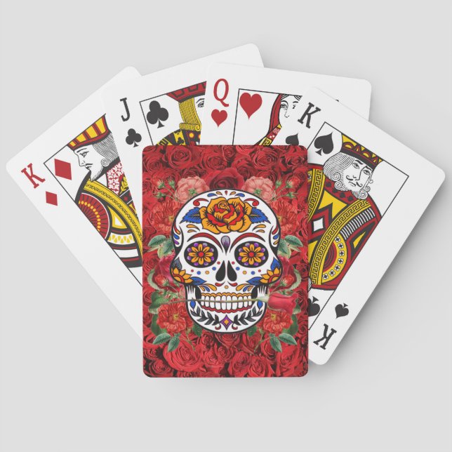 Sugar Skull Pink Red Roses Holidays Playing Cards (Back)
