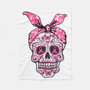 Sugar Skull Pink Ribbon Byndana Calavera Breast Ca Fleece Blanket