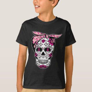 Sugar Skull Pink Ribbon Cool Breast Cancer Awarene T-Shirt
