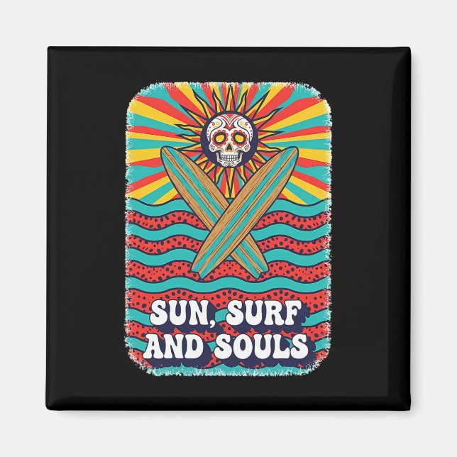 Sugar Skull Psychedelic Sun Retro Surf Ocean Waves Magnet (Front)