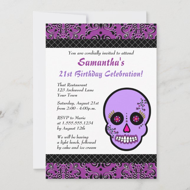 Sugar Skull Purple and Black Birthday Invite (Front)
