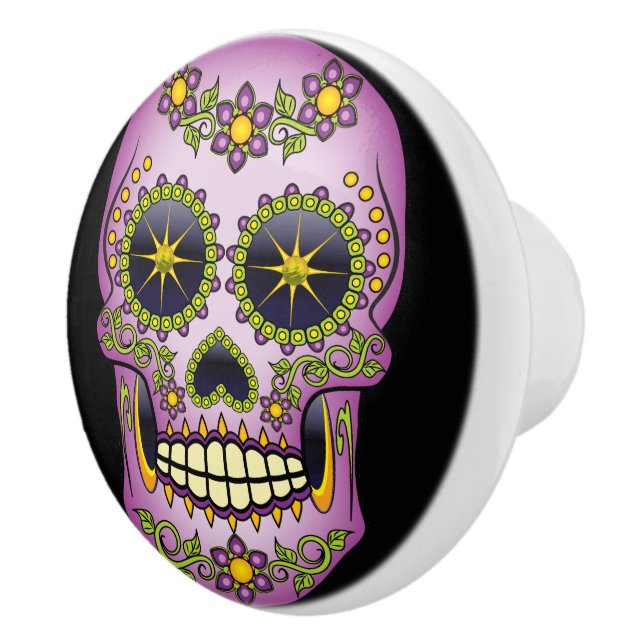 Sugar Skull Purple Floral Ceramic Knob (Right)