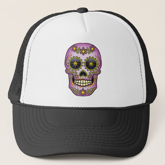 Sugar Skull - Purple Floral Trucker Hat (Front)