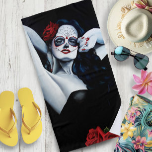 Sugar Skull Red Roses Black Beach Towel