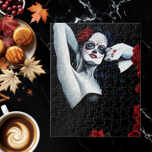 Sugar Skull Red Roses Black Jigsaw Puzzle