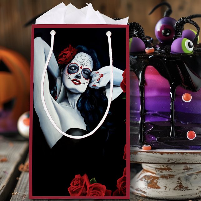 Sugar Skull Red Roses Black Small Gift Bag (Creator Uploaded)