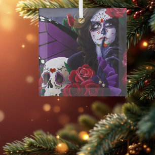 Sugar Skull Red Roses Purple Glass Tree Decoration