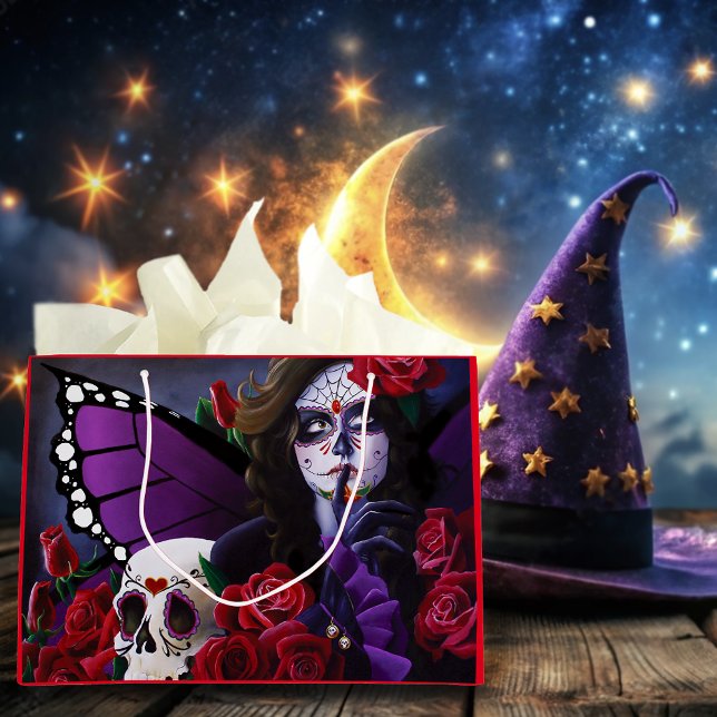 Sugar Skull Red Roses Purple Large Gift Bag (Creator Uploaded)