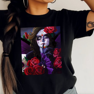 Sugar Skull Red Roses Purple T-Shirt