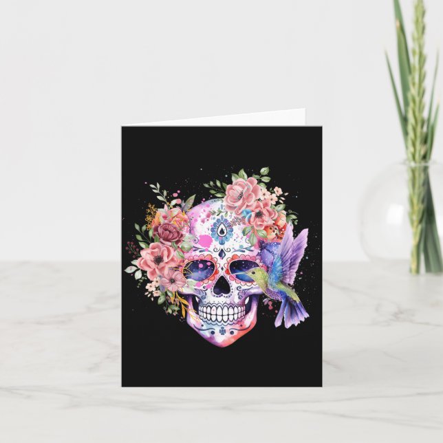 Sugar Skull Retro Flower with Hummingbird Card (Front)