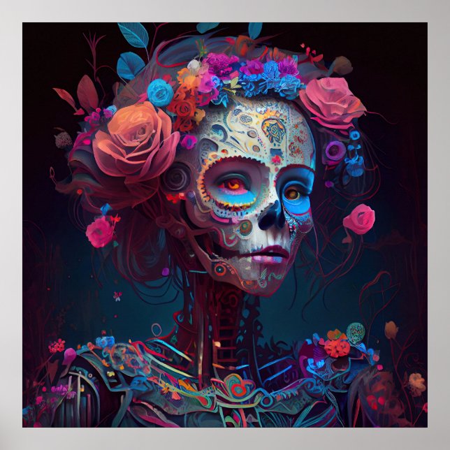 Sugar Skull Robotic Woman Day of the Dead Poster (Front)