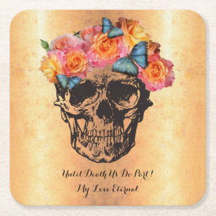 Sugar Skull Roses Golden Skull Art Square Paper Coaster