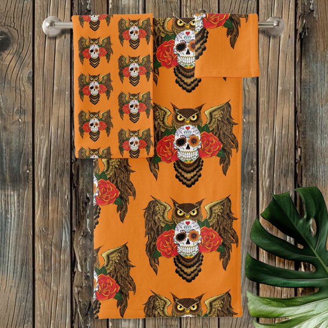 Sugar Skull Roses Owl Bath Towel Set (Creator Uploaded)