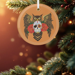 Sugar Skull Roses Owl Glass Tree Decoration