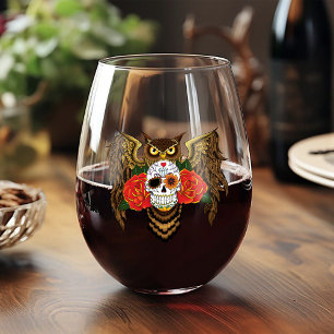 Sugar Skull Roses Owl Stemless Wine Glass