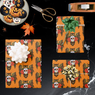 Sugar Skull Roses Owl Wrapping Paper Sheet
