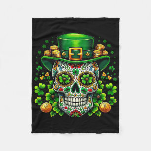 Sugar Skull Saint Patricks Day Of Dead Leprechaun Fleece Blanket