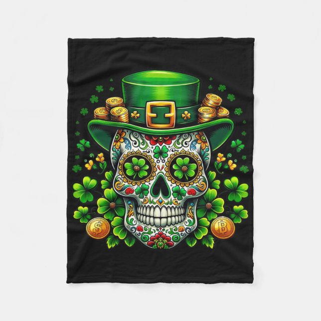 Sugar Skull Saint Patricks Day Of Dead Leprechaun  Fleece Blanket (Front)