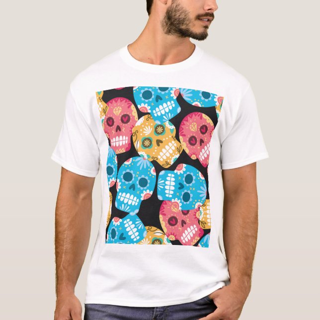 Sugar skull, seamless festive background. T-Shirt (Front)