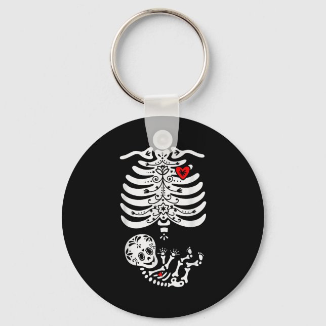 Sugar Skull Skeleton Halloween Pregnancy Annouceme Key Ring (Front)