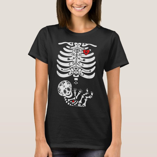 Sugar Skull Skeleton Halloween Pregnancy Annouceme T-Shirt (Front)