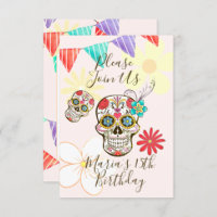 Sugar Skull Soft Peach Rose Hippy Floral Invitatio