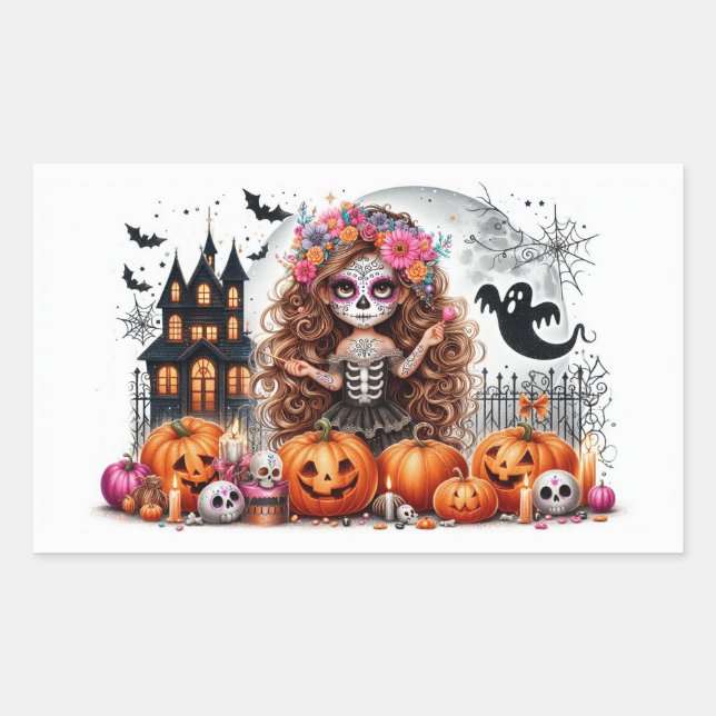 Sugar Skull Spooky Halloween Scene Rectangular Sticker (Front)