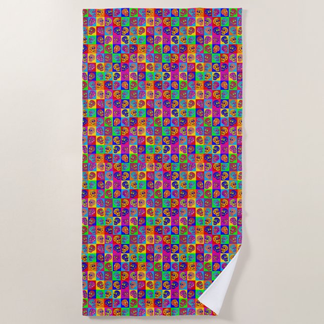 Sugar Skull Squares Beach Towel (Front)