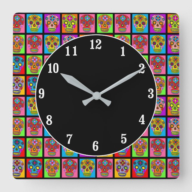 Sugar Skull Squares Square Wall Clock (Front)