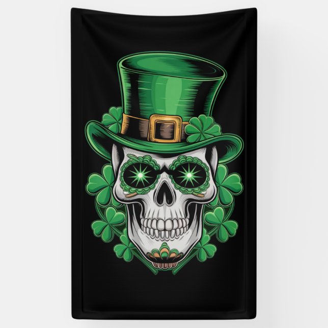 Sugar Skull St Patrick Day Lucky Shamrock  Banner (Vertical)