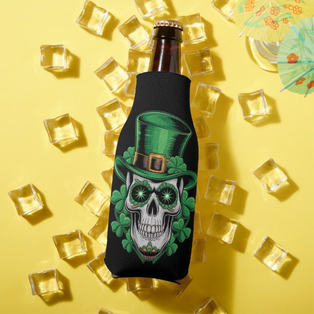 Sugar Skull St Patrick Day Lucky Shamrock  Bottle Cooler (In Situ Summer)
