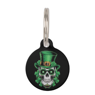 Sugar Skull St Patrick Day Lucky Shamrock  Pet Tag