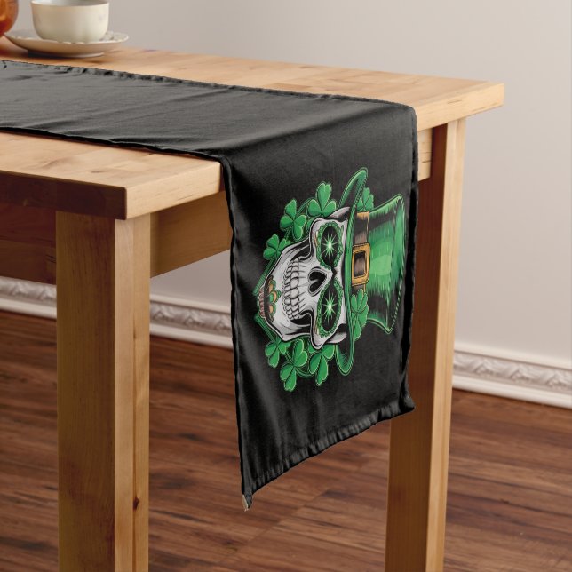 Sugar Skull St Patrick Day Lucky Shamrock  Short Table Runner (In Situ)