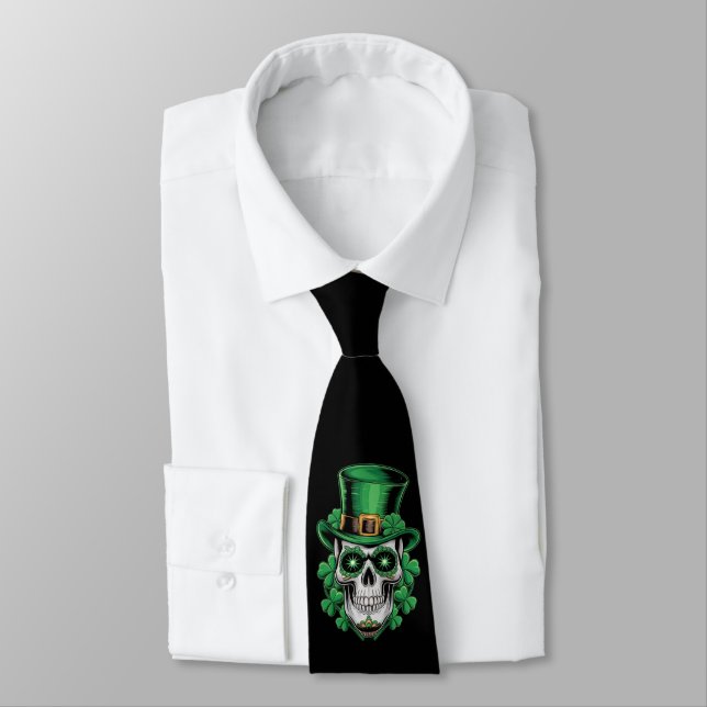 Sugar Skull St Patrick Day Lucky Shamrock  Tie (Tied)